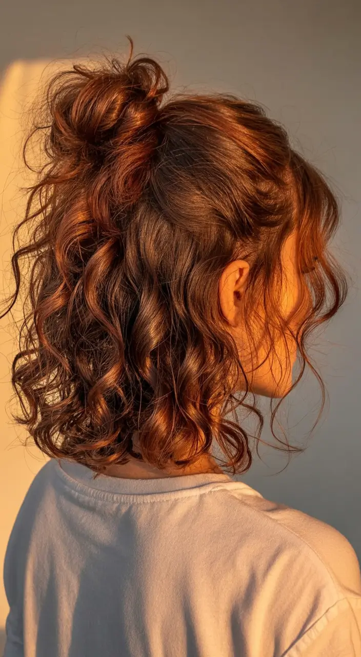 stylish spring haircut for wavy hair 2026 Sunlit Copper Waves With a Casual Half-Up Twist