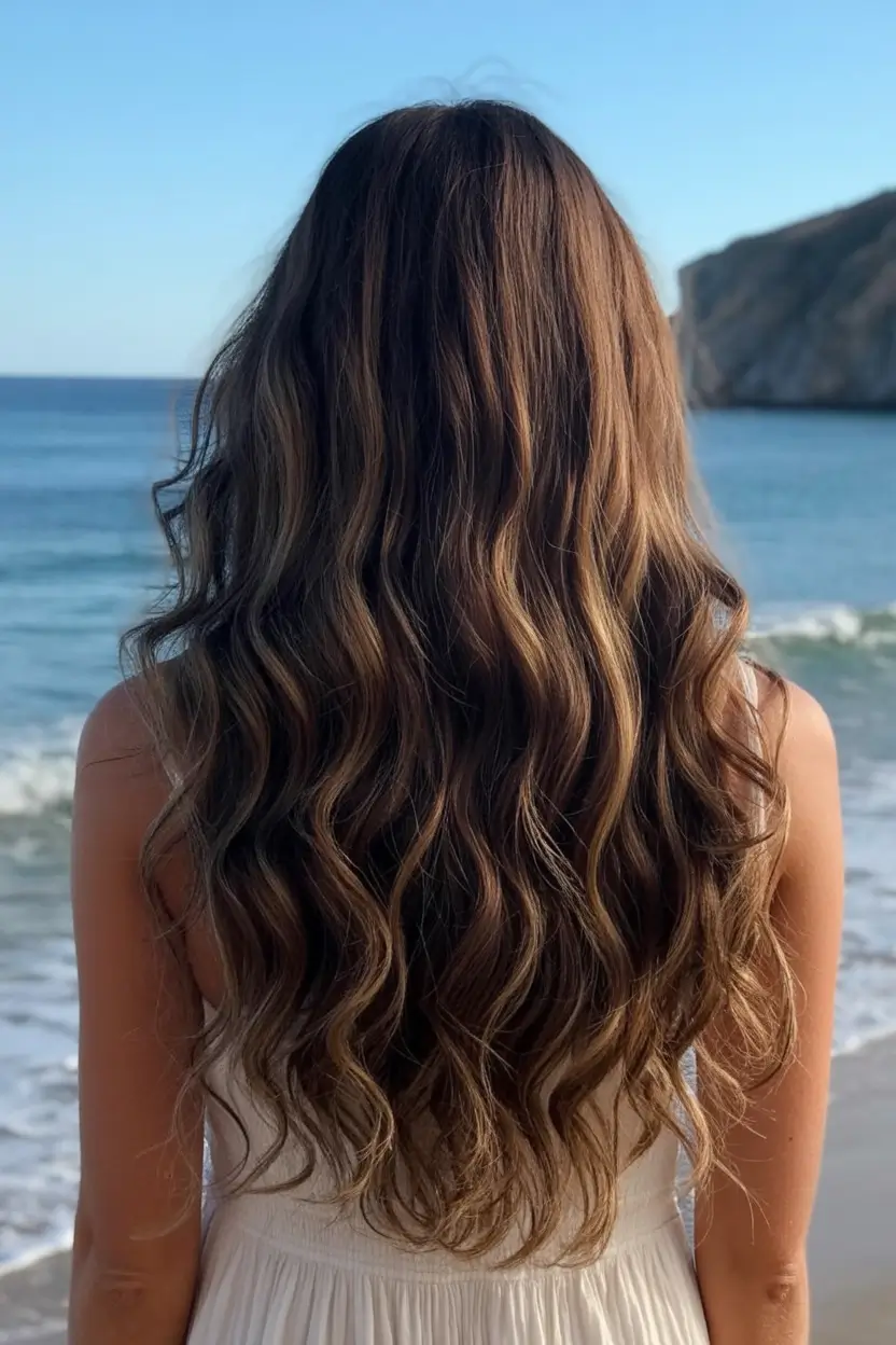 stylish spring haircut for wavy hair 2026 Beach-Washed Waves With Subtle Sun-Kissed Highlights