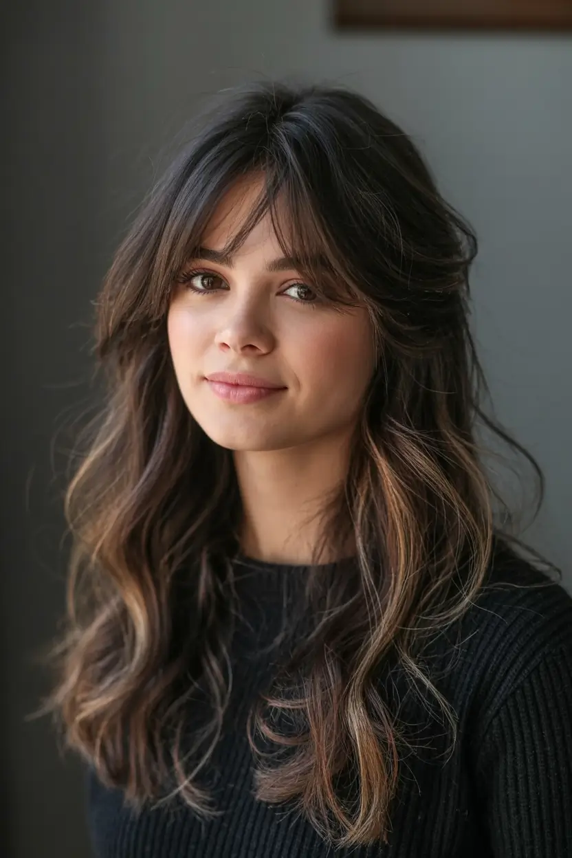 stylish spring haircut for wavy hair 2026 Soft Curtain Layers With Delicate Ash-Caramel Accents
