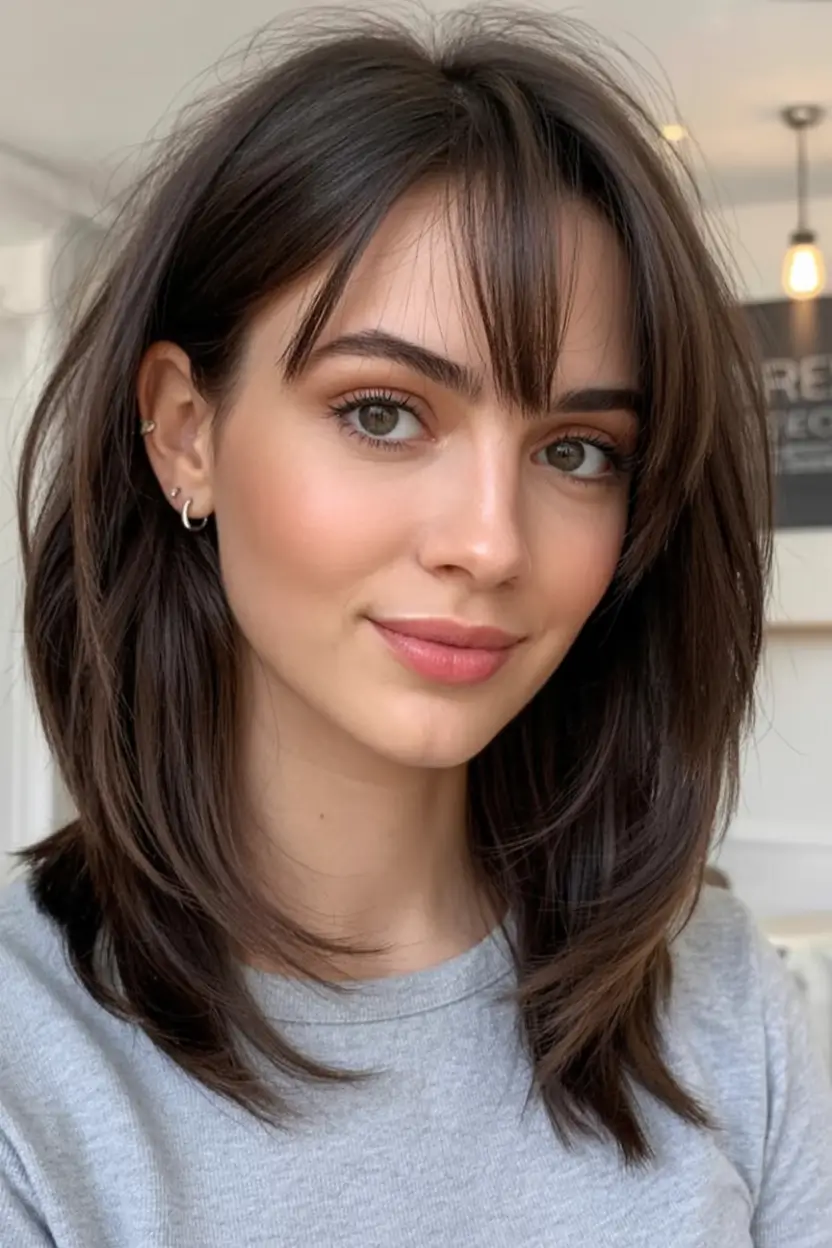 stylish spring haircuts for oval face shape 2026 Soft Layered Cut with Wispy Spring Fringe