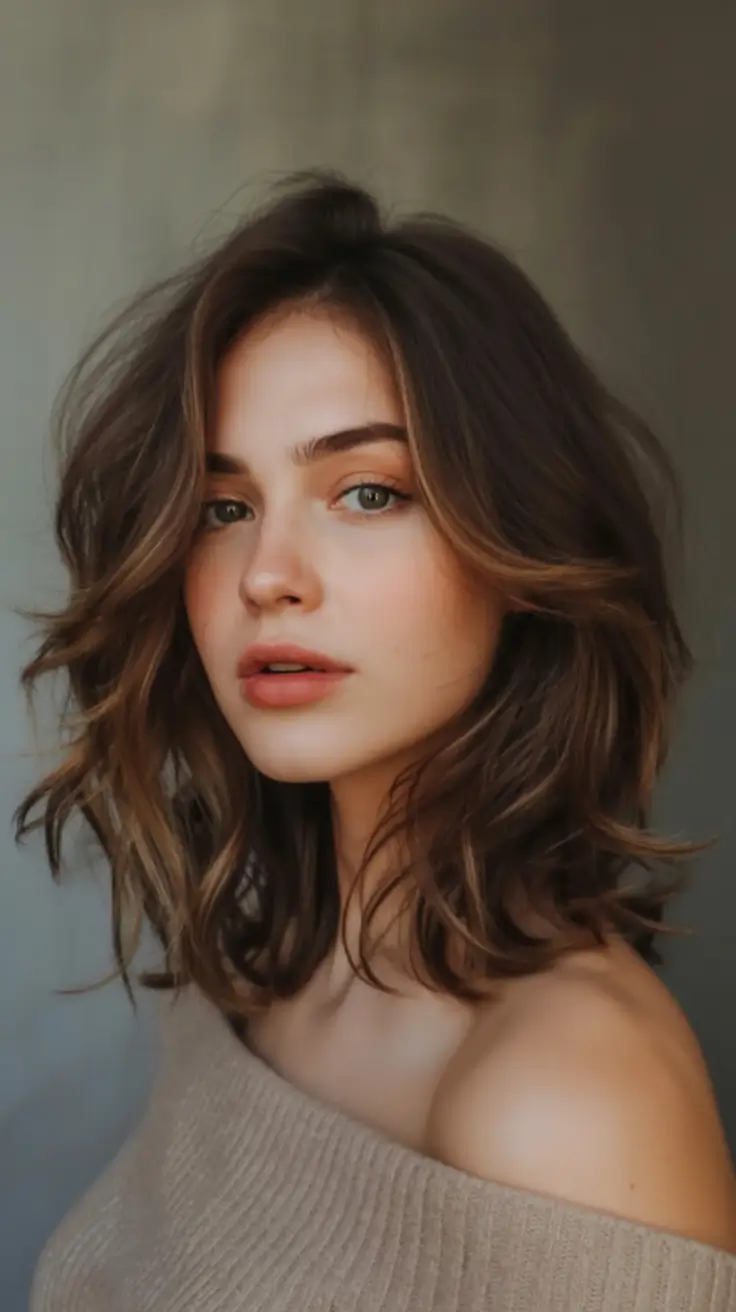 stylish spring haircuts for oval face shape 2026 Textured Mid-Length Waves with Chic Warm Dimension