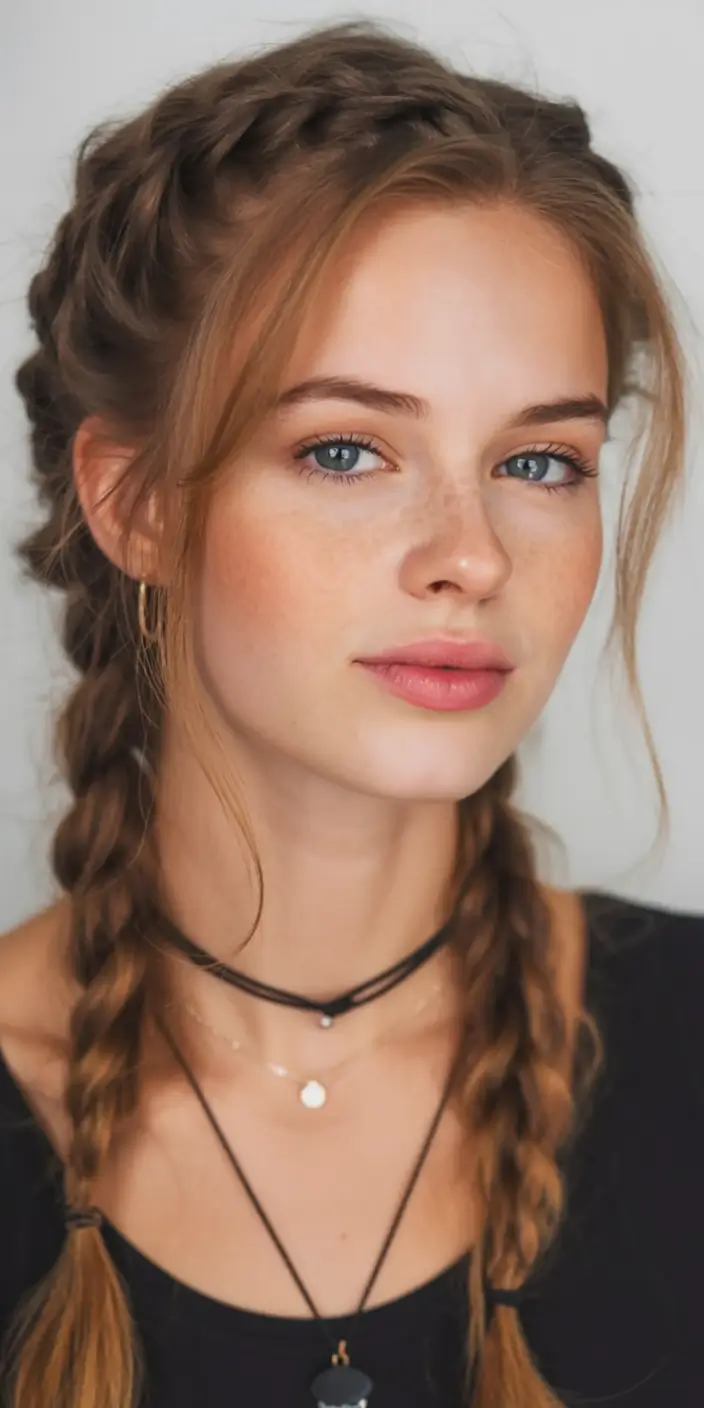 top spring braids hairstyle 2026 Youthful Twin Braids with Soft Copper Undertones