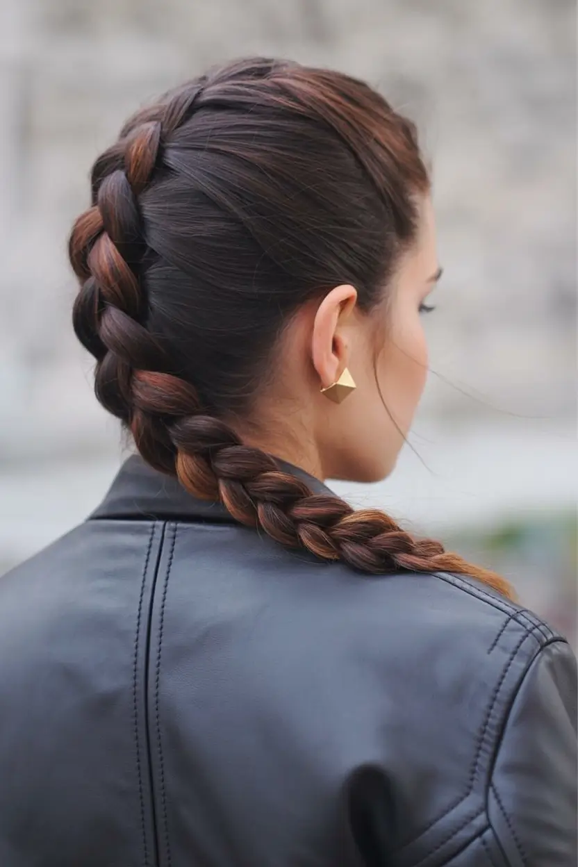 top spring braids hairstyle 2026 Glossy Chestnut Braid with a Sleek Urban Edge