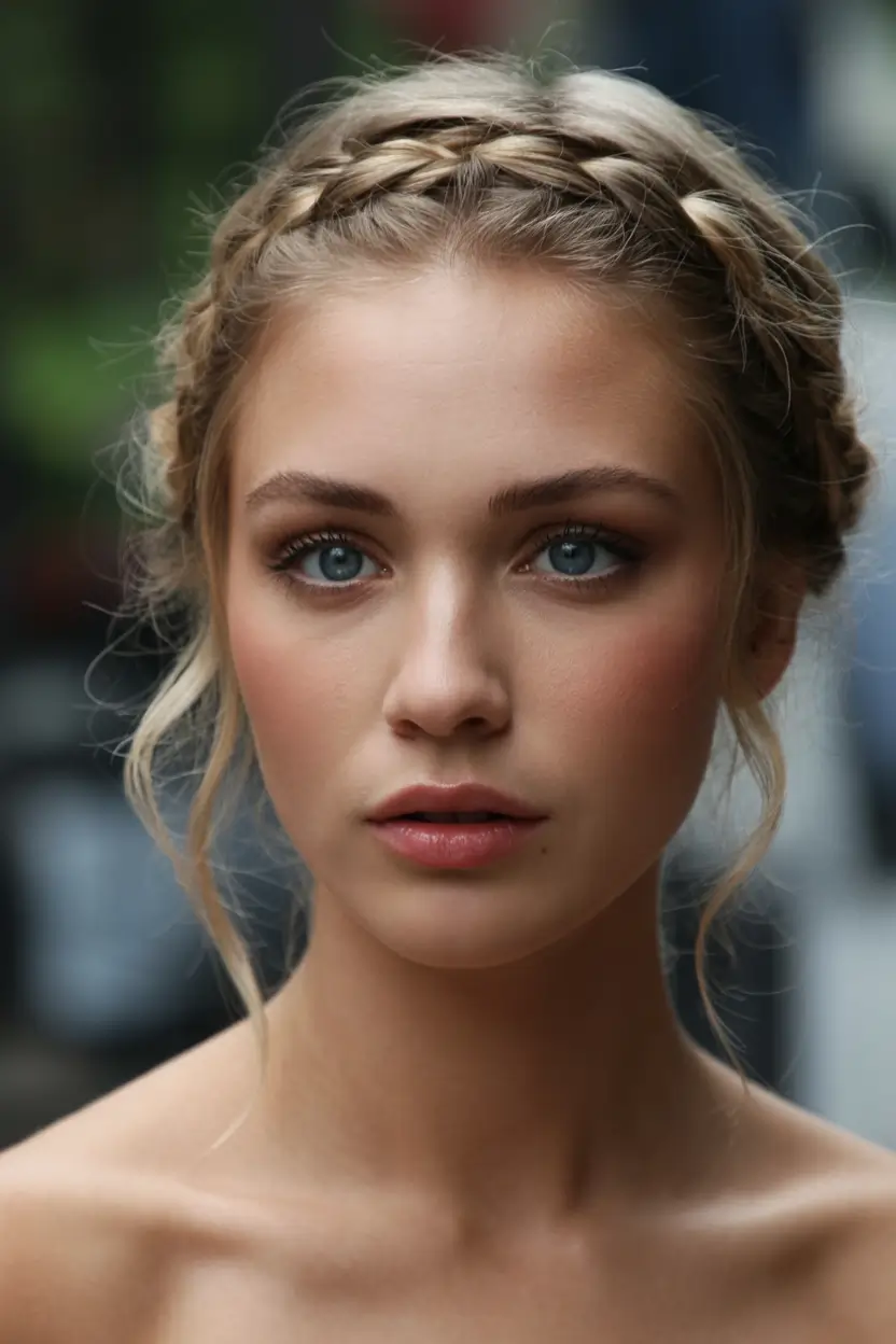 top spring braids hairstyle 2026 Delicate Braided Crown with Soft Face-Framing Tendrils