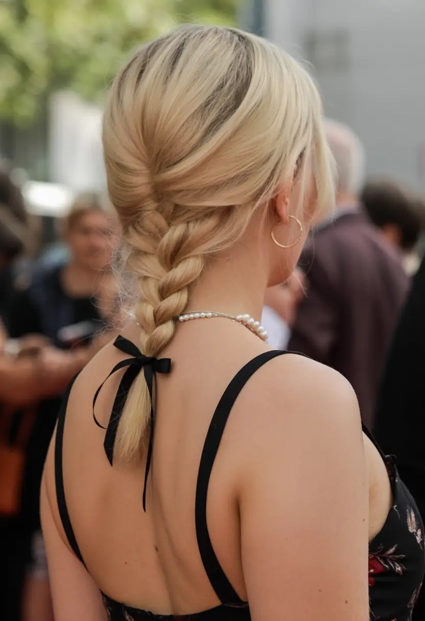 top spring braids hairstyle 2026 Classic Blonde Braid with a Chic Ribbon Tie