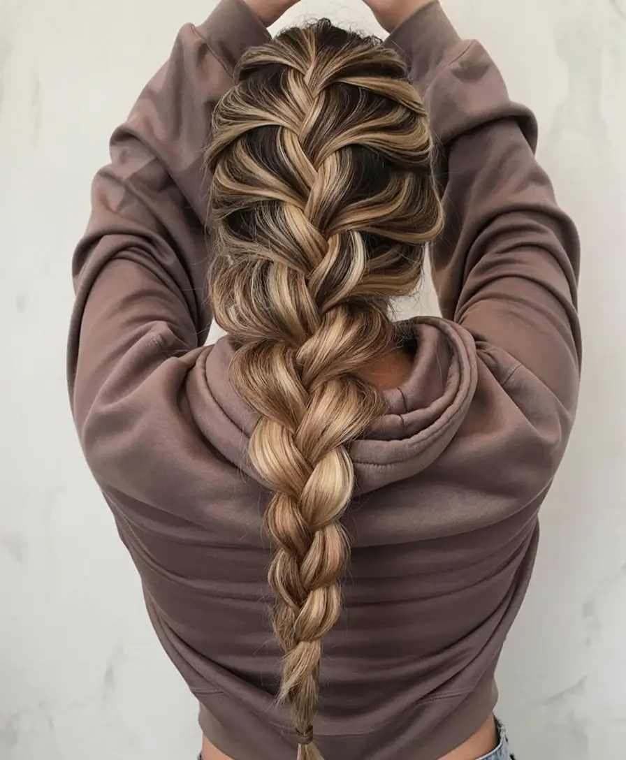 top spring braids hairstyle 2026 Chunky Voluminous Braid with Golden Balayage Ribbons