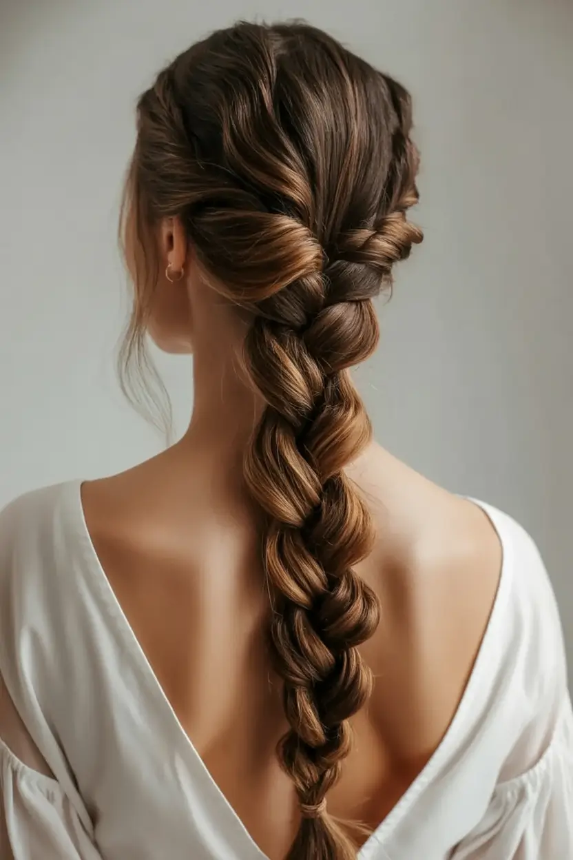 top spring braids hairstyle 2026 Romantic Twisted Loops Braid with Deep Chestnut Shine