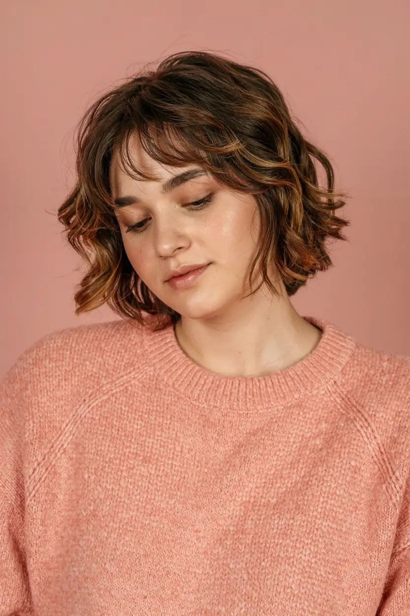 trending spring haircuts for plus size women 2026 Curled Bob with Round Bangs and Chunky Layers