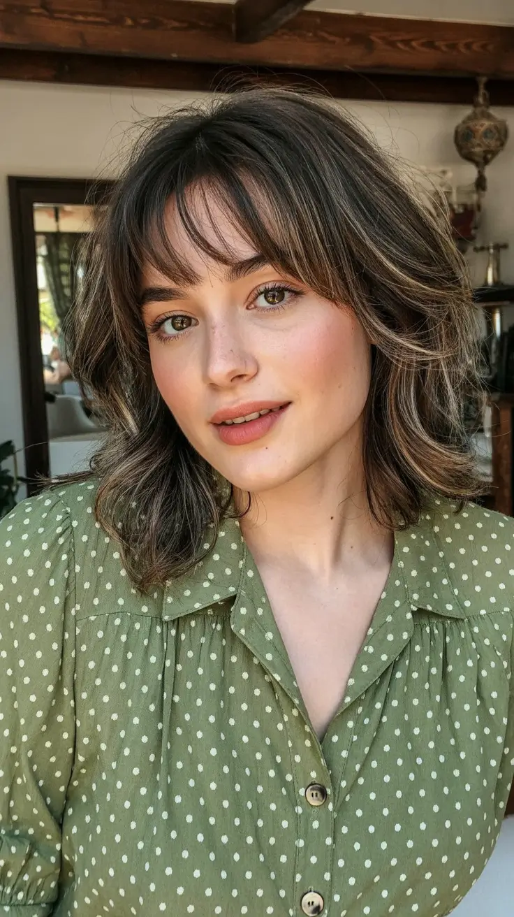 trending spring haircuts for plus size women 2026 Layered Collarbone Cut with Bardot Bangs