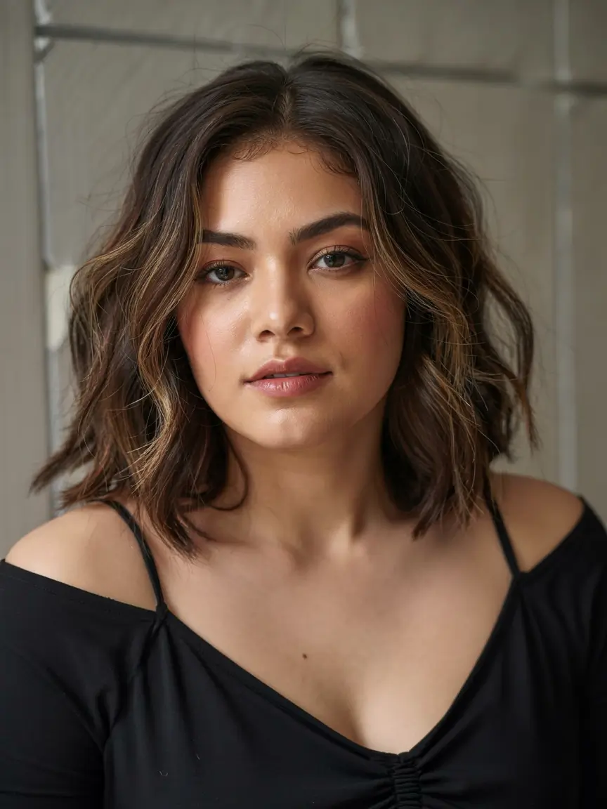 trending spring haircuts for plus size women 2026 Blended Brunette Lob with Peekaboo Highlights