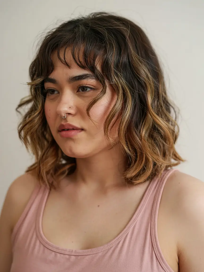 trending spring haircuts for plus size women 2026 Curly Fringe Bob with Caramel Dimension