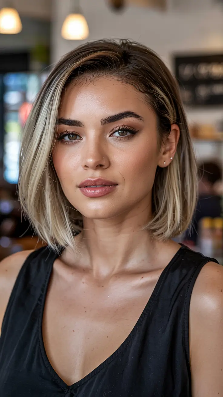 trending spring haircuts for plus size women 2026 Blunt Platinum Bob with Deep Side Part