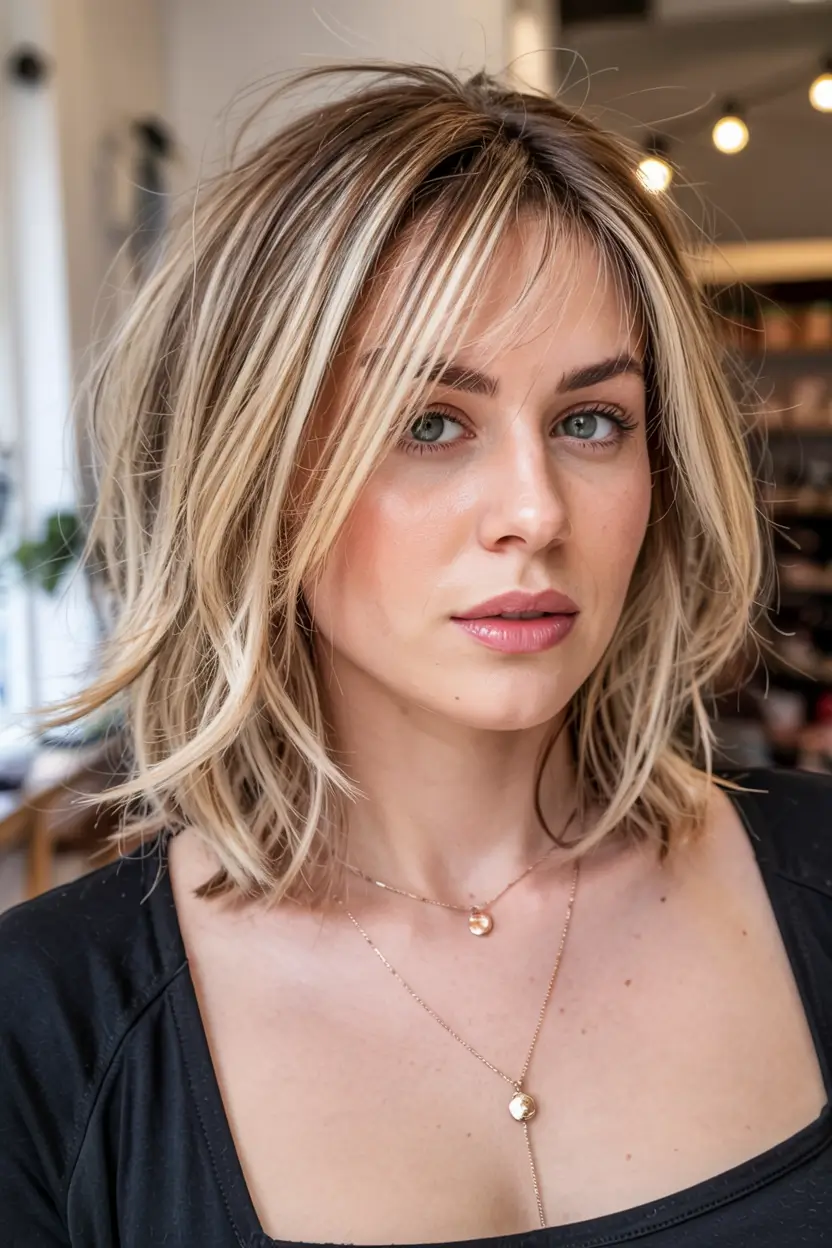 trending spring haircuts for plus size women 2026 Shaggy Blonde Bob with Bottleneck Fringe
