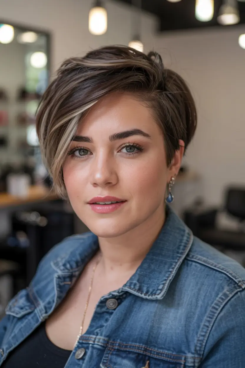 trending spring haircuts for plus size women 2026 Asymmetrical Pixie with Dimensional Streaks