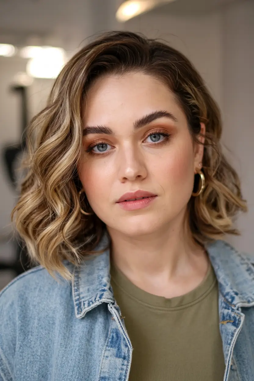 trending spring haircuts for plus size women 2026 Chin-Length Soft Wave Bob with Sandy Balayage