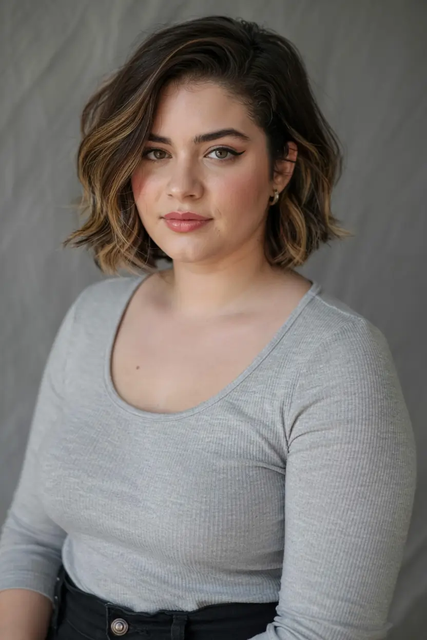 trending spring haircuts for plus size women 2026 Textured Blunt Bob with Espresso Highlights