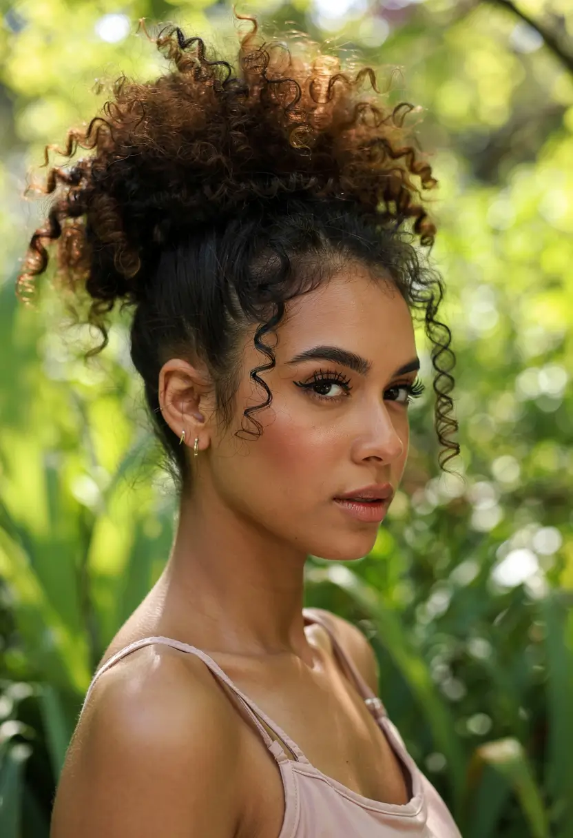 trending spring hairstyle for black women 2026 High Curly Puff With Defined Tendrils