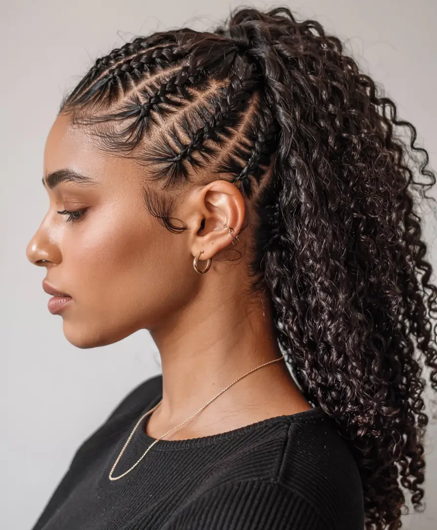 trending spring hairstyle for black women 2026 Cornrow-to-Curl Hybrid Ponytail