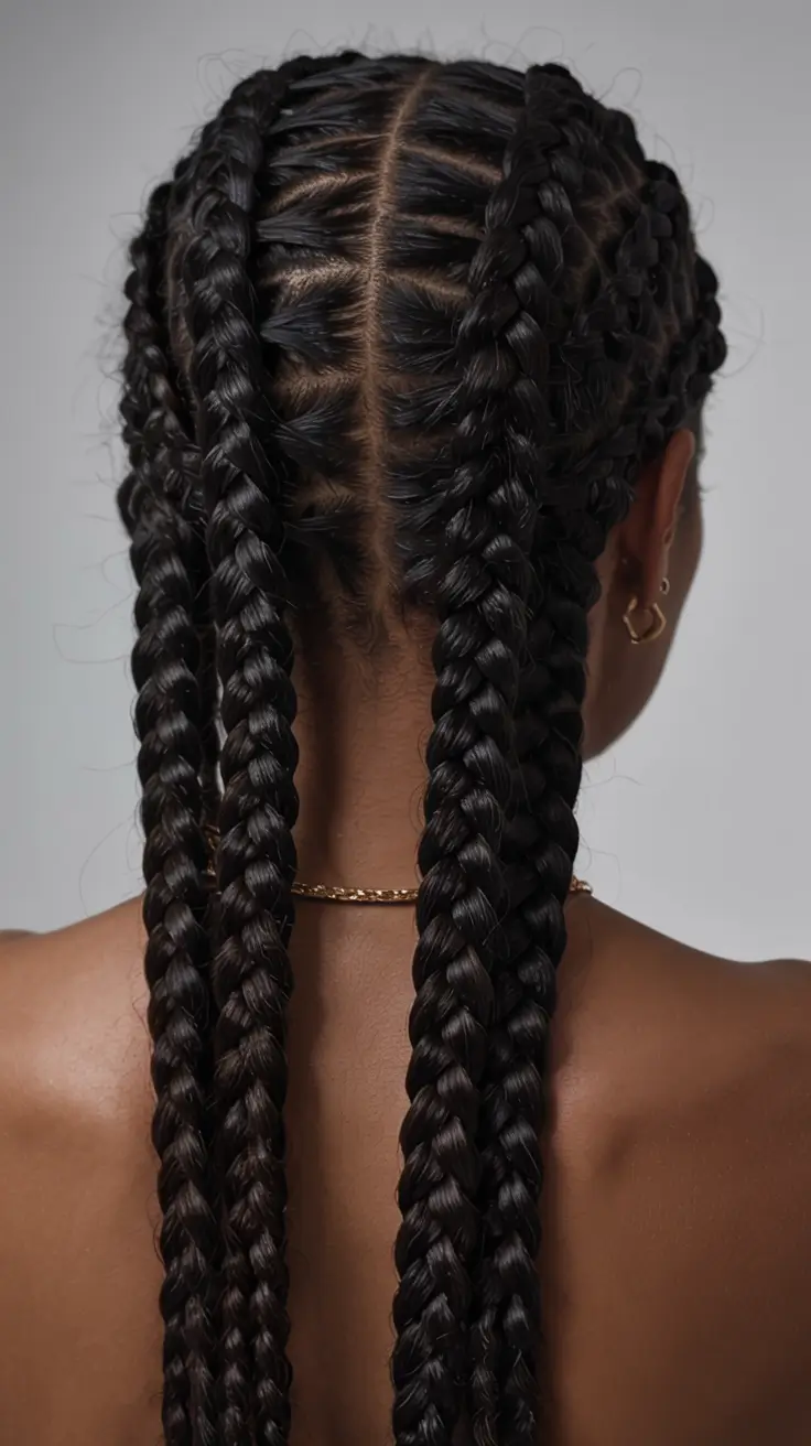 trending spring hairstyle for black women 2026 Defined Back-Row Cornrows With Long Classic Braids