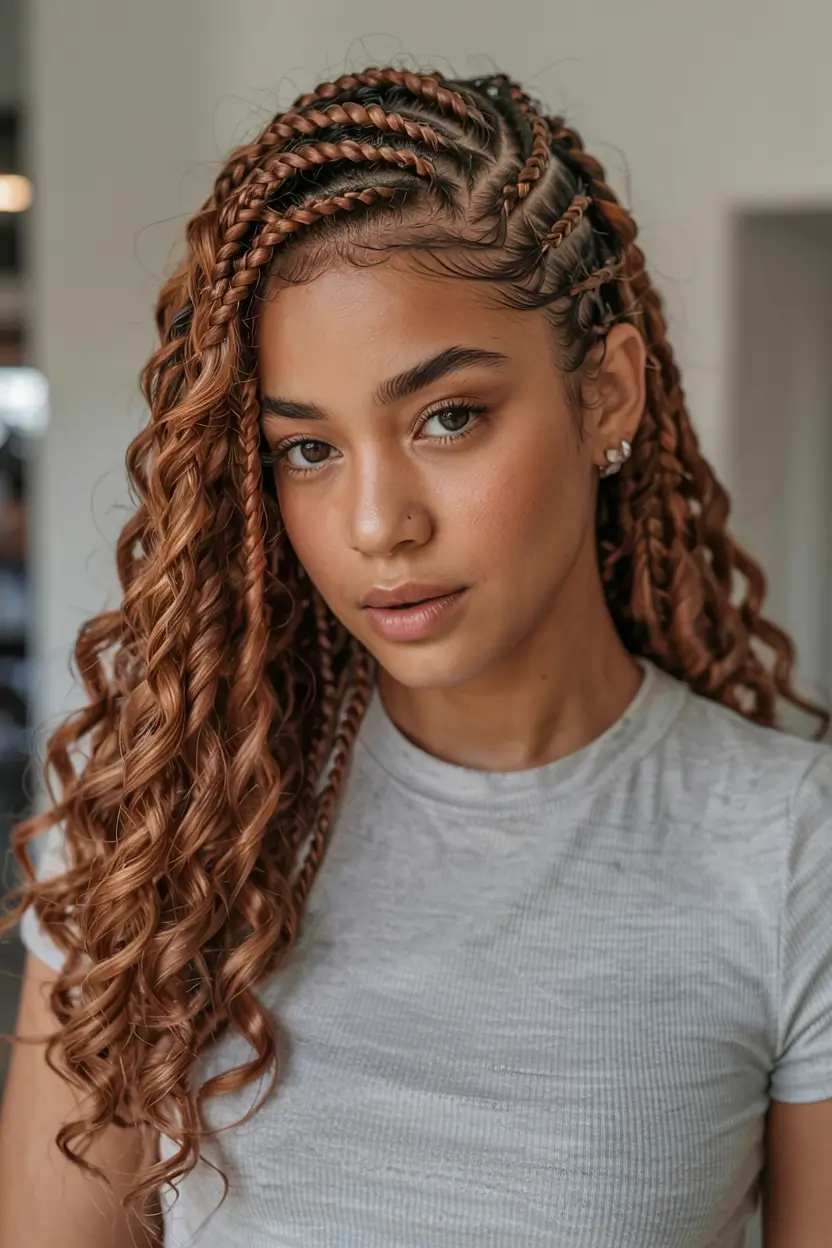 trending spring hairstyle for black women 2026 Honey-Bronze Braids With Spiral Curl Ends