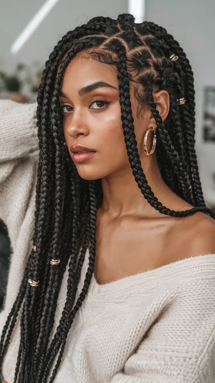 trending spring hairstyle for black women 2026 Long Knotless Braids With Gold Accent Details