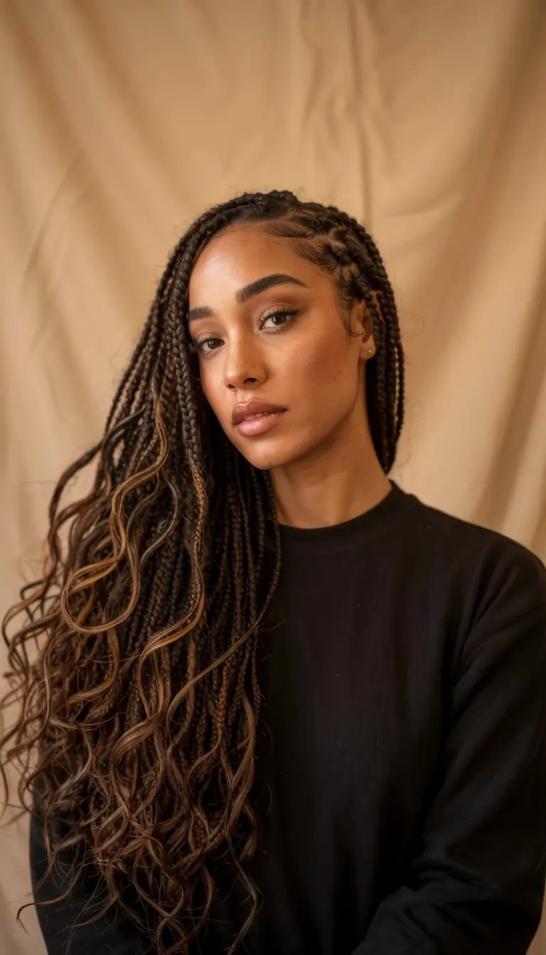 trending spring hairstyle for black women 2026 Side-Swept Long Braids With Caramel Spiral Ends