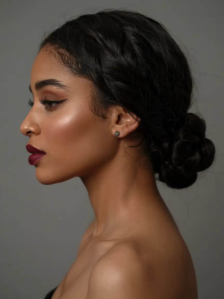 trending spring hairstyle for black women 2026 Low Braided Chignon With Soft Contour Waves