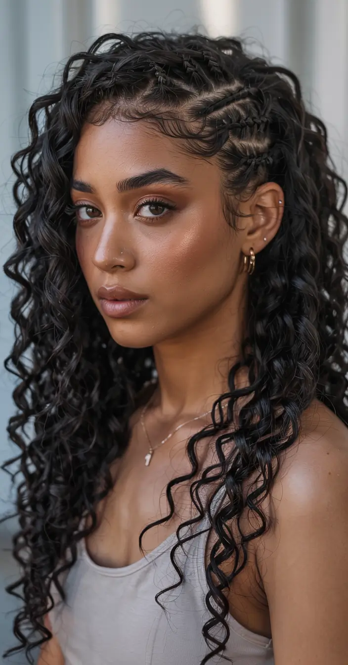 trending spring hairstyle for black women 2026 Curly Side Cascade With Micro-Braid Detailing