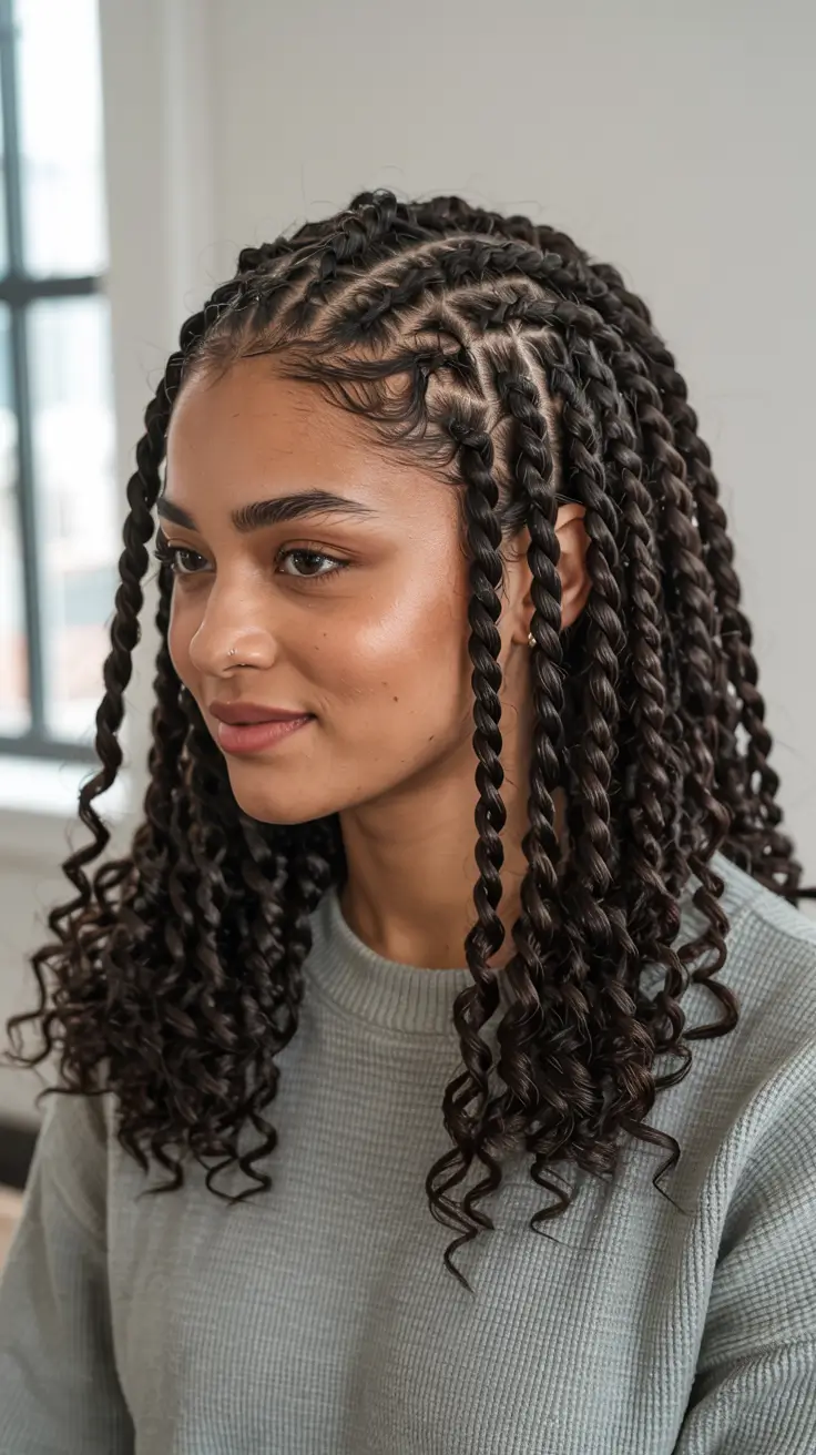 trending spring hairstyle for black women 2026 Medium Knotless Braids With Curly Ends