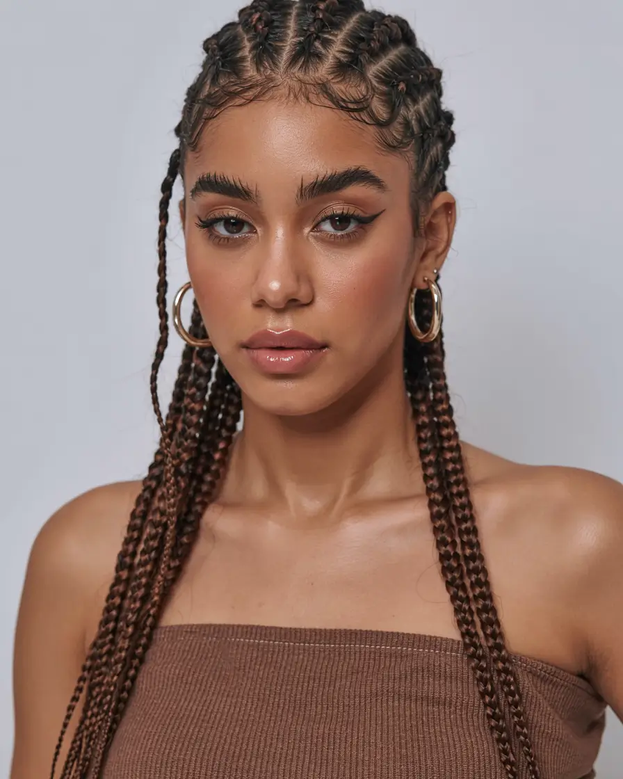 trending spring hairstyle for black women 2026 Micro-Cornrow Crown With Long Tail Braids