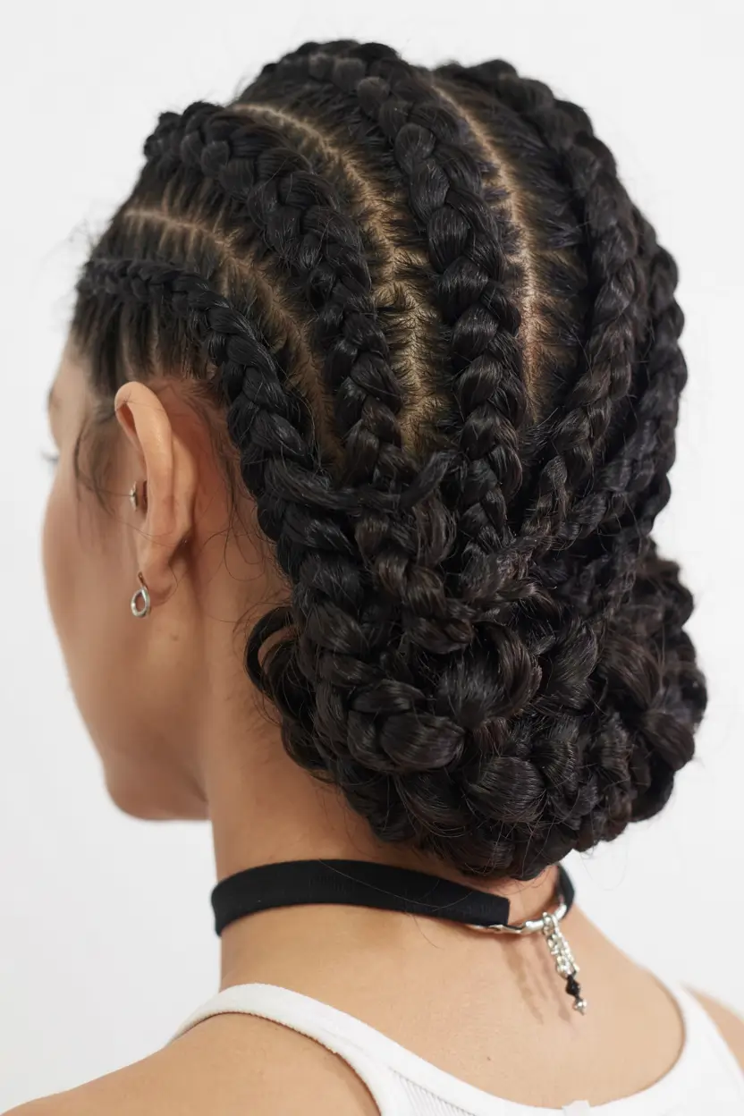 trending spring hairstyle for black women 2026 Braided Crown Bun With Interwoven Layers