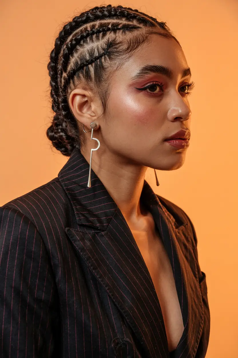 trending spring hairstyle for black women 2026 Precision Cornrow Bun With Sculpted Side Lines