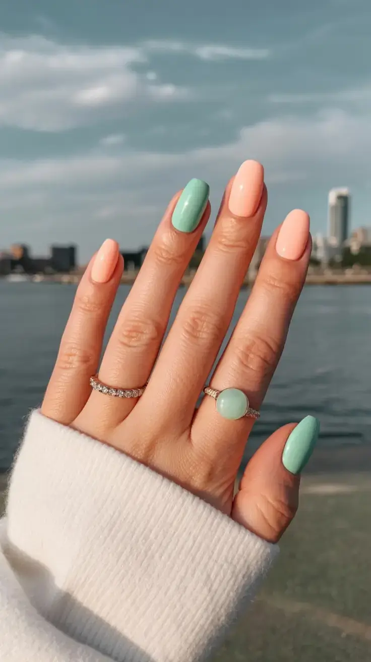 trendy nails for spring 2026 Mint & Melon Colorblock