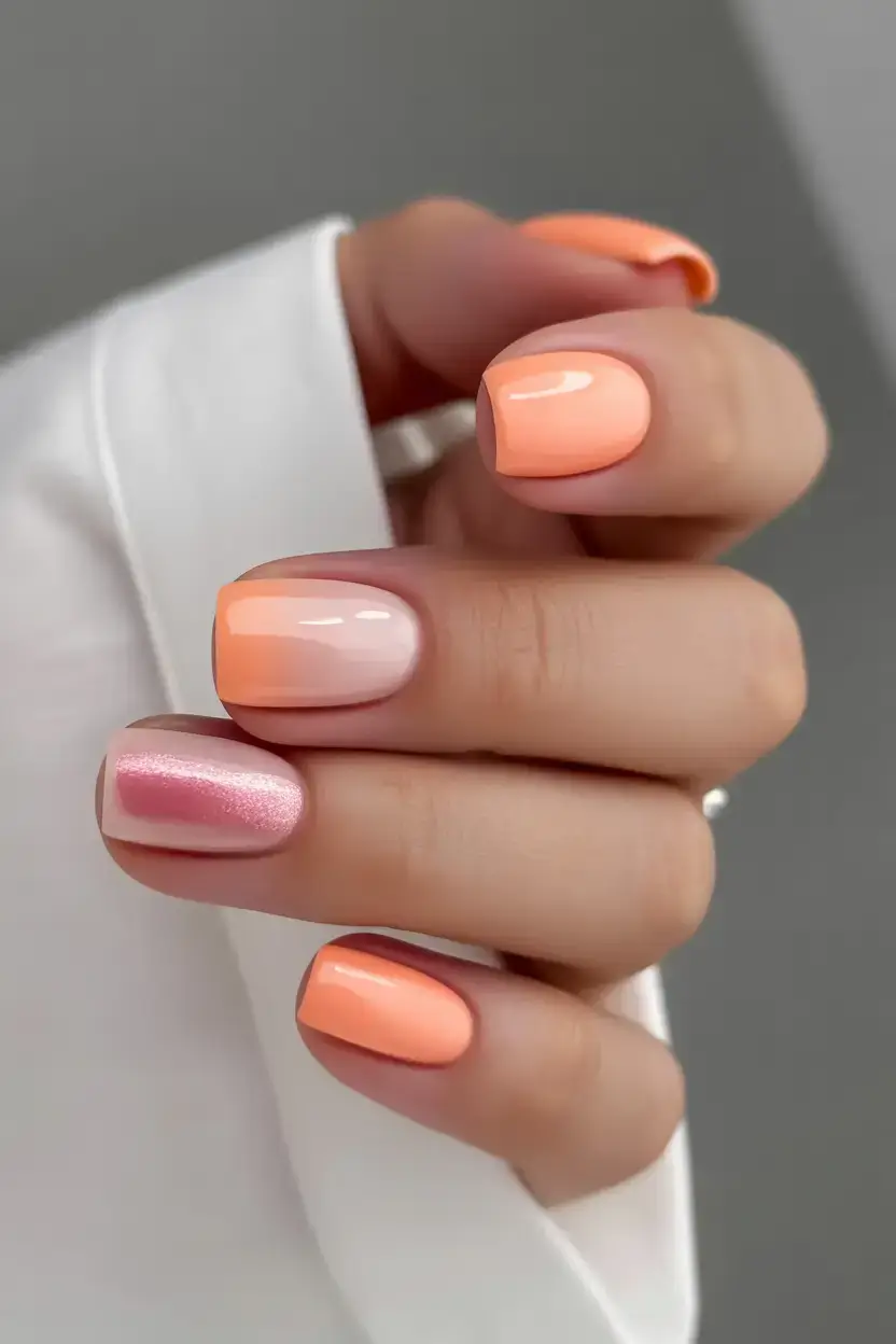 trendy nails for spring 2026 Peachy Sheen & Sunset Chrome