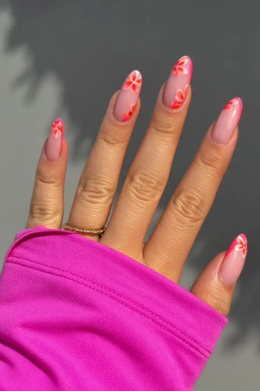 trendy nails for spring 2026 Floral Pop with Coral Highlights