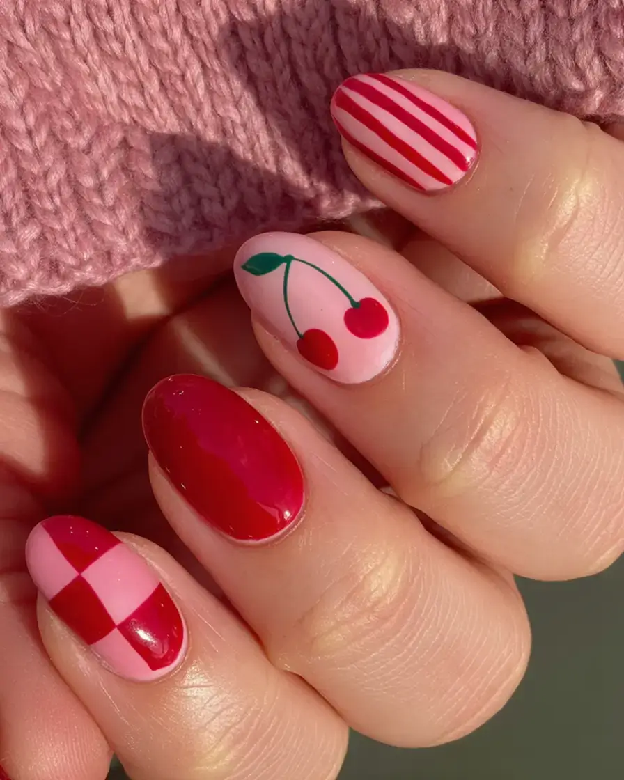trendy nails for spring 2026 Retro Cherries & Candy Stripes