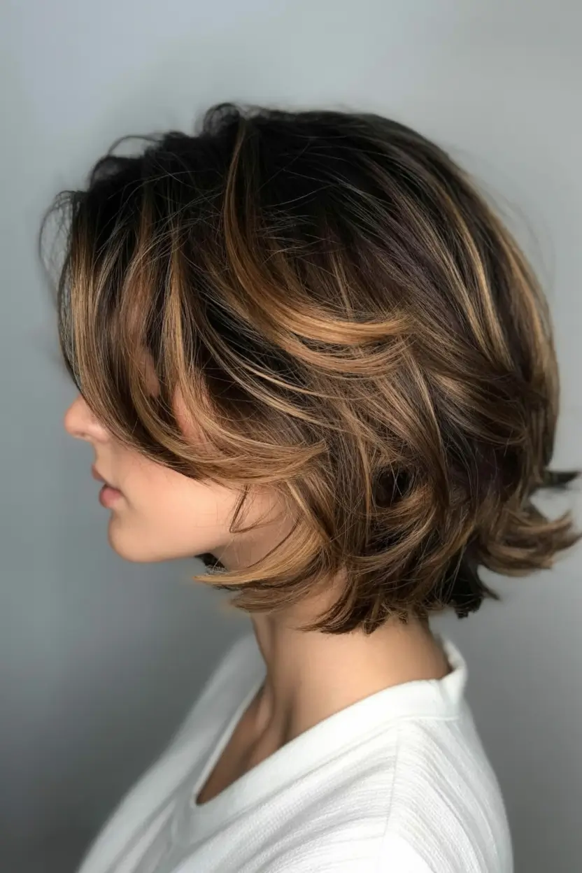 up to date spring short hairstyles 2026 Layered Chestnut Bob With Honey-Glazed Ends