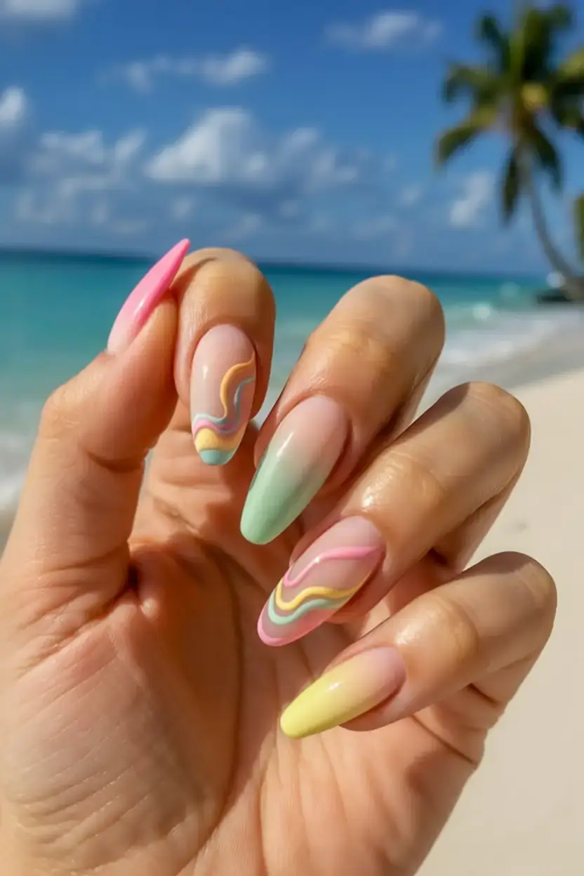 vibrant spring gel nails 2026 Pastel Coastline Flow