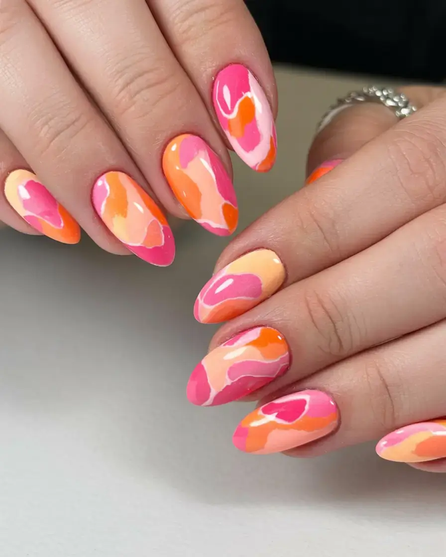 vibrant spring gel nails 2026 Sunset Camo Chaos