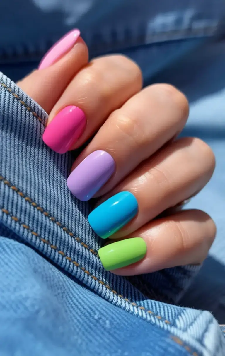 vibrant spring gel nails 2026 Pastel Denim Candy
