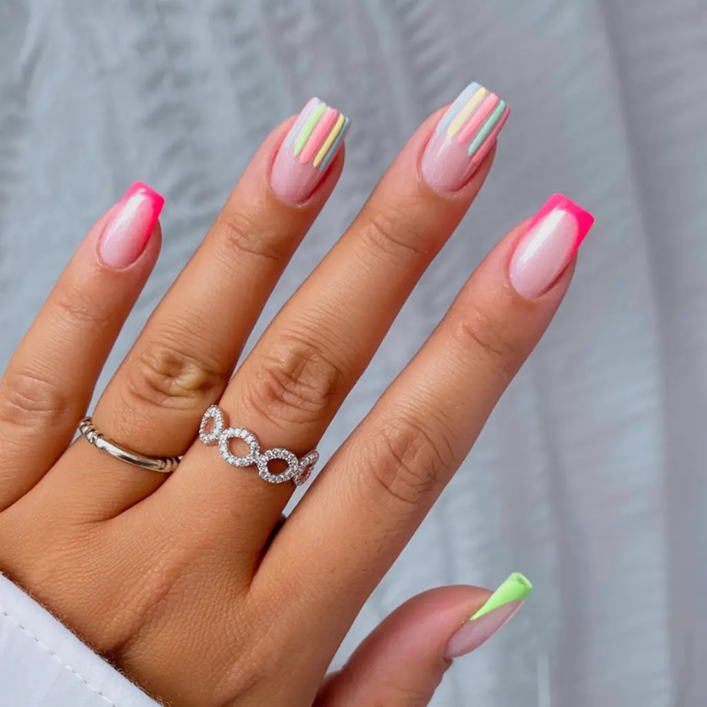 vibrant spring gel nails 2026 Confetti French Remix