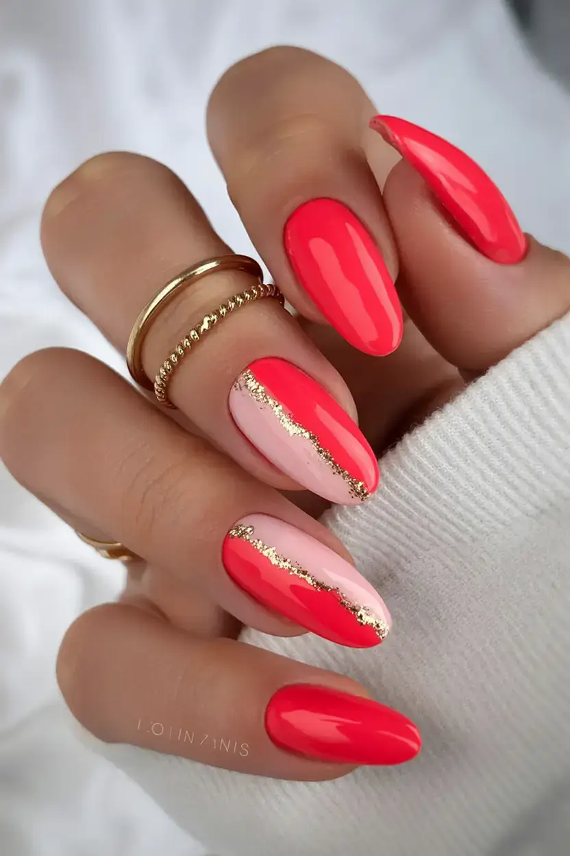 vibrant spring gel nails 2026 Coral Chic with a Gold Twist