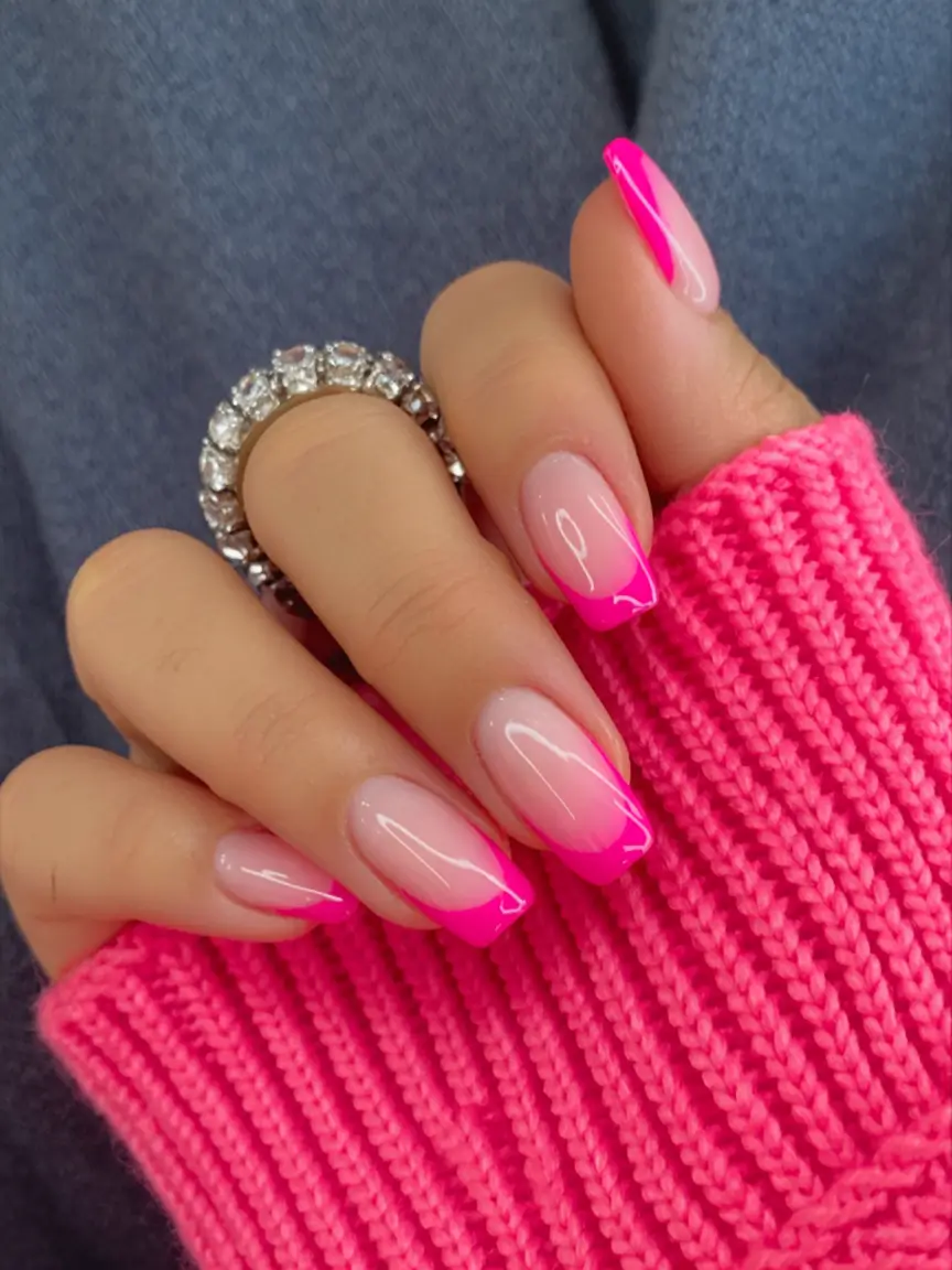 vibrant spring gel nails 2026 Glossy Hot Pink Edge Tips