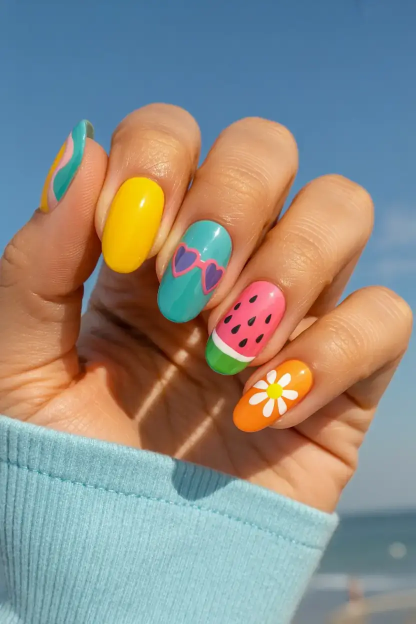 vibrant spring gel nails 2026 Vacation-on-My-Hands Vibes