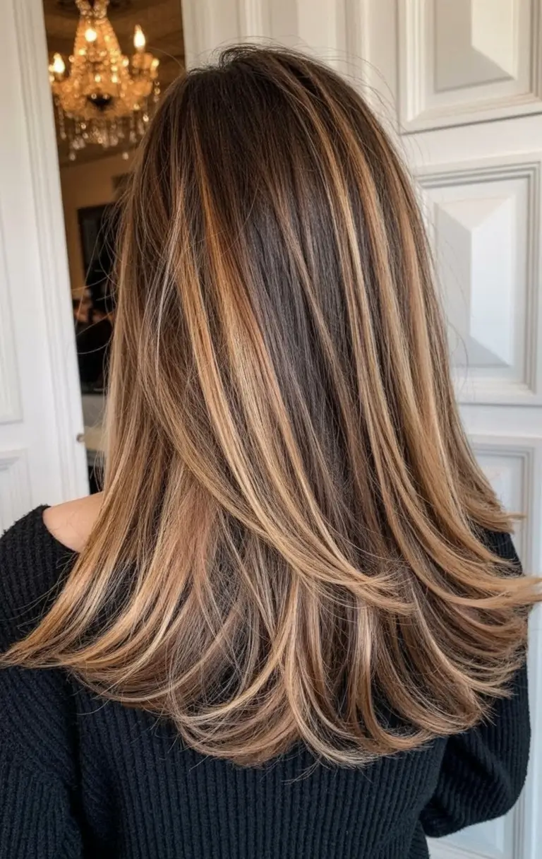 vibrant spring mid length haircut 2026 Golden Brunette Layers With Dimensional Highlights