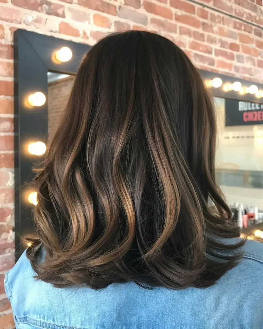 vibrant spring mid length haircut 2026 Rich Brunette Layers With Caramel Depth
