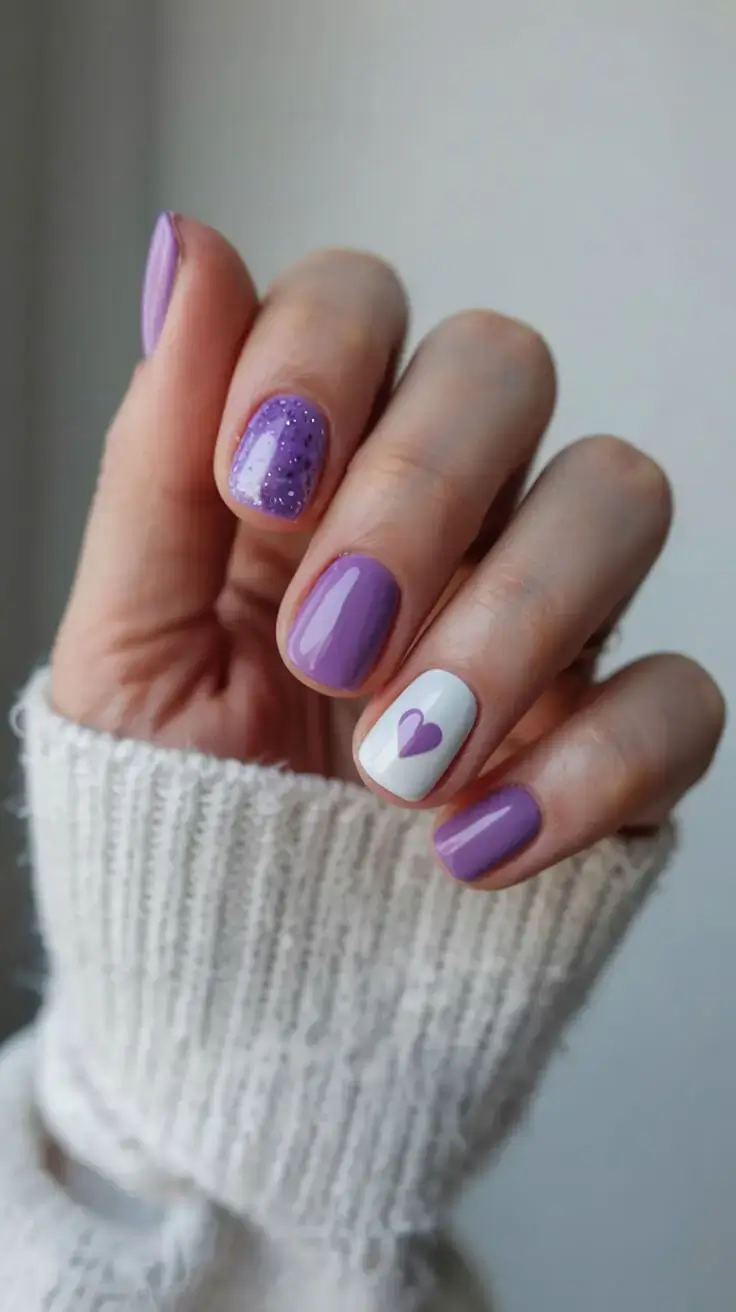april nails colours spring 2026 Playful Lilac Hearts and Glitter Accents