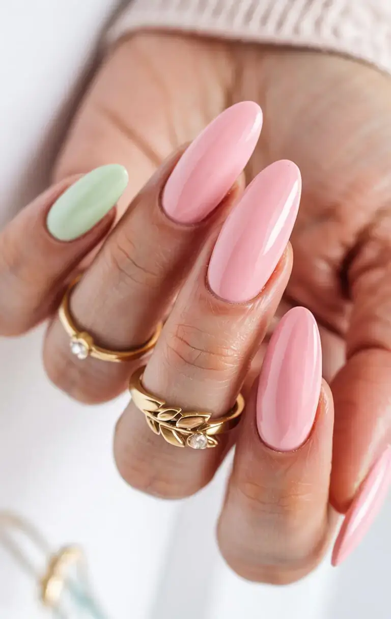 april nails colours spring 2026 Soft Pink Almond Nails with Mint Accent