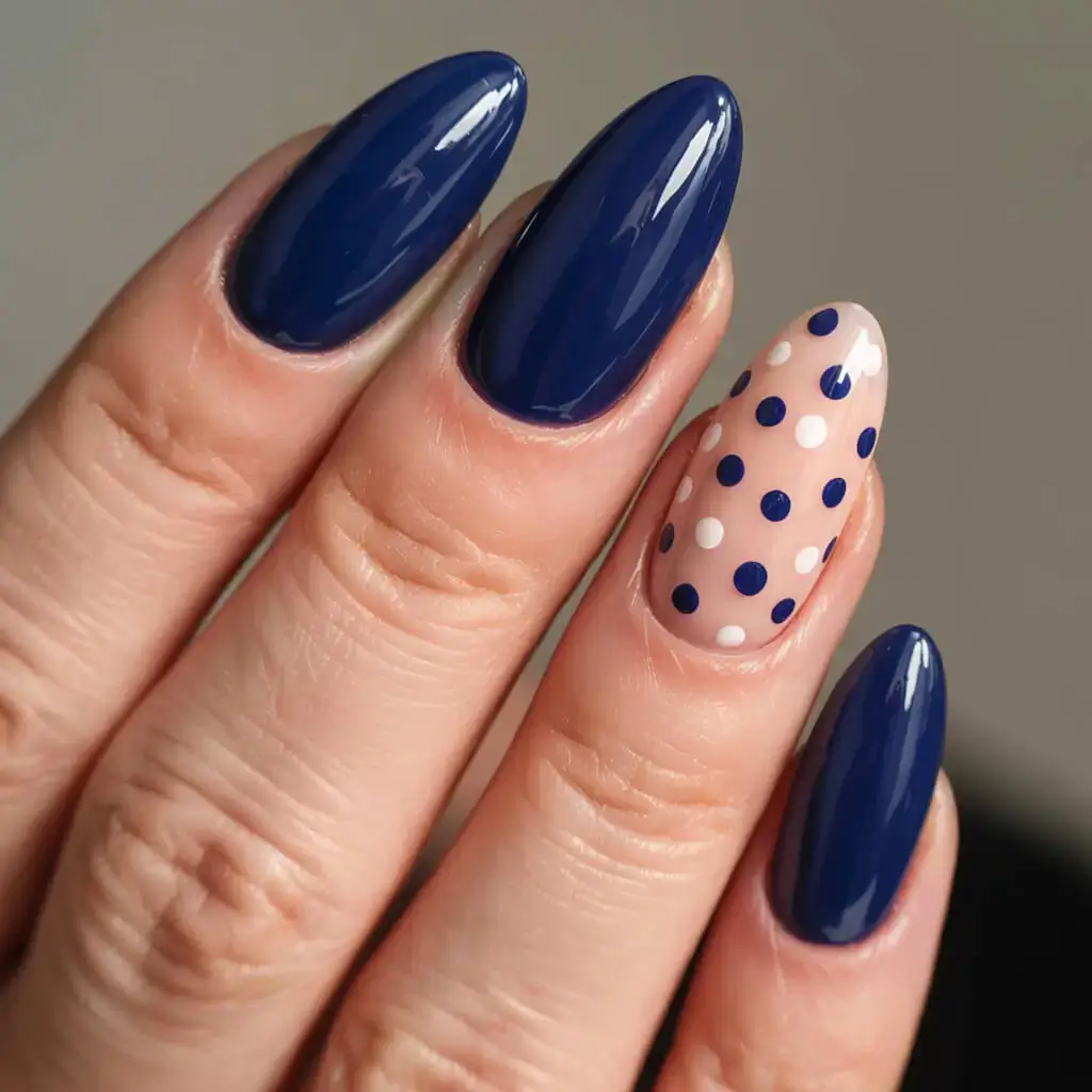 april nails colours spring 2026 Navy Blue Polka Dot Accent Nails