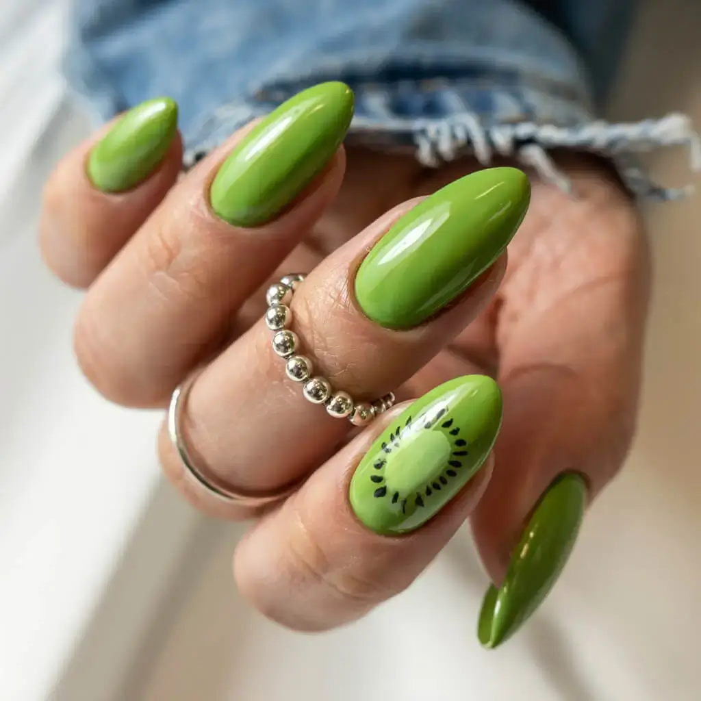 april nails colours spring 2026 Fresh Kiwi Green Nails with Playful Accent Art